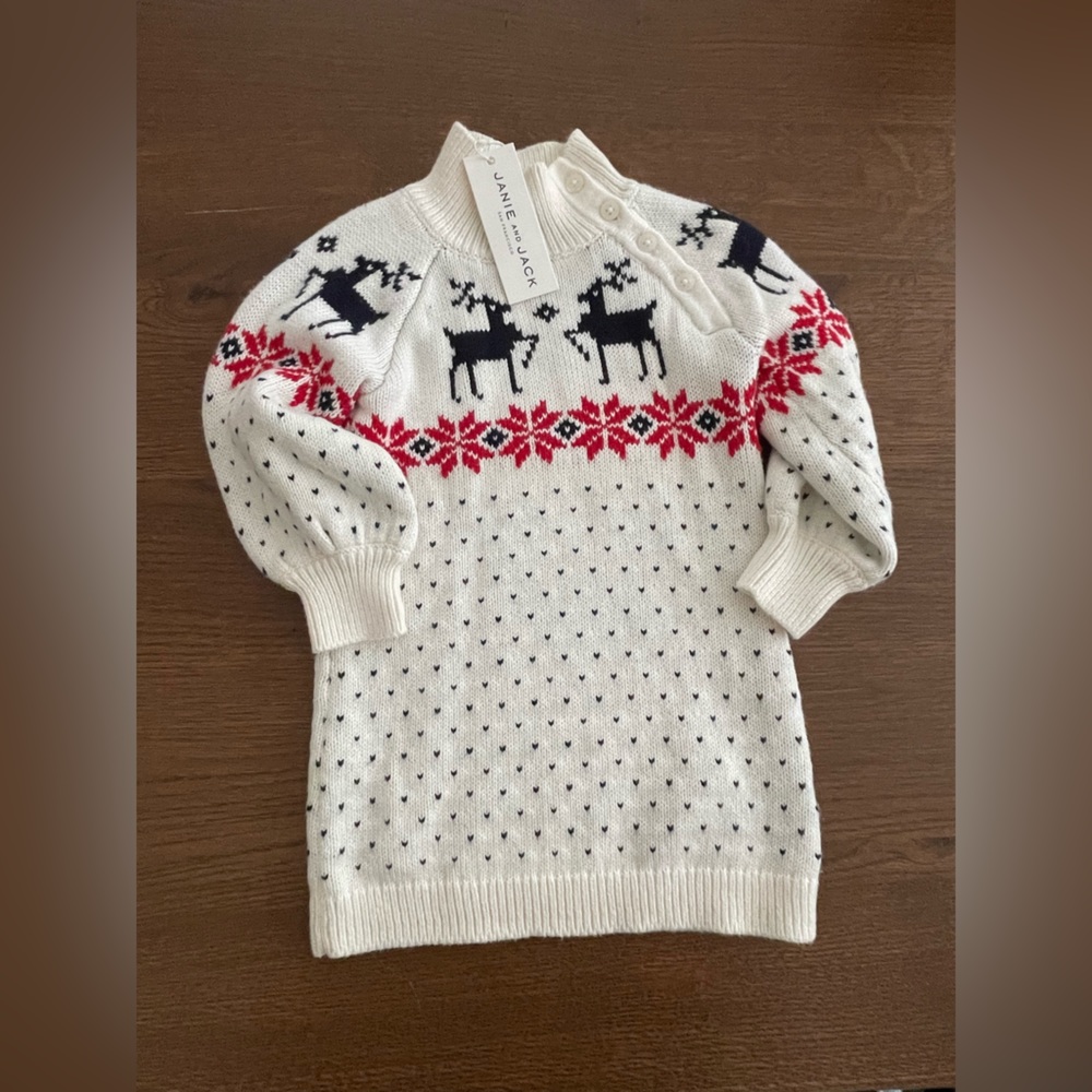 Janie and Jack White and Red Reindeer Sweater Dress